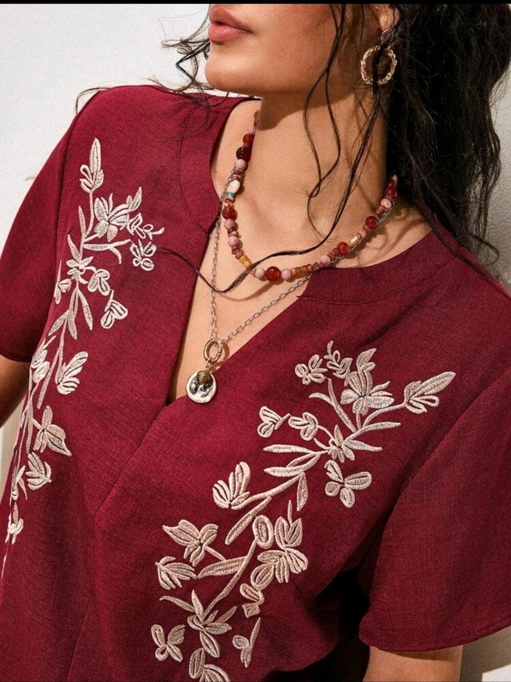 BRAND NEW ** Embroidered Split-Neck Women's Top - Burgundy